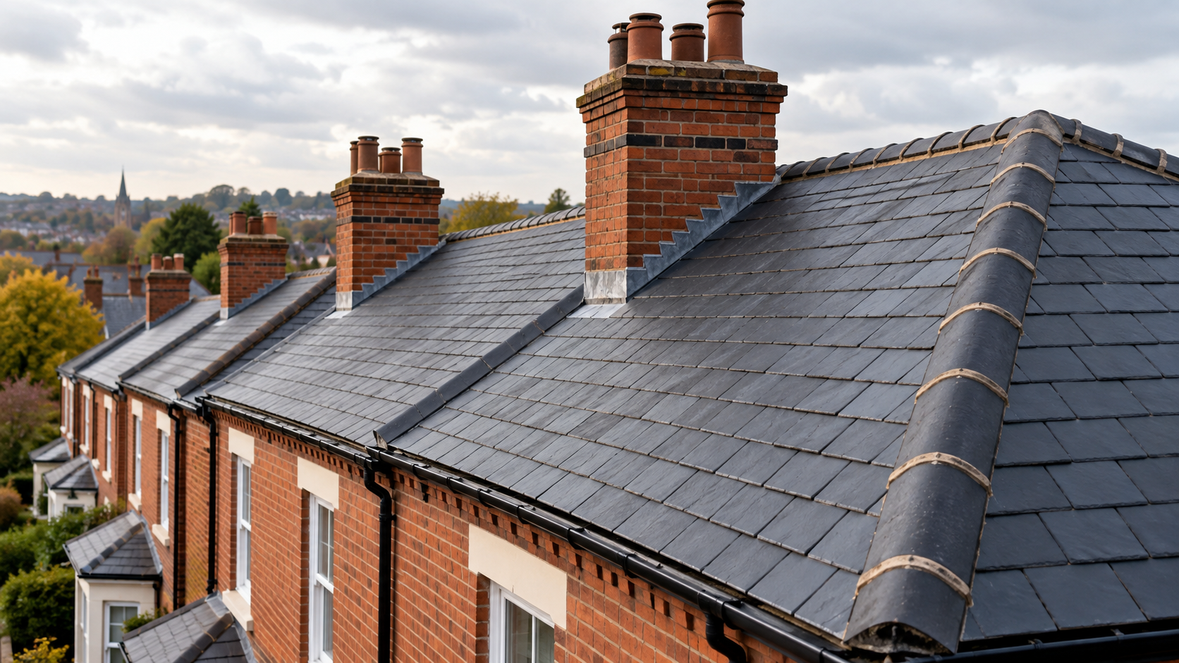 AI generated illustration of a slate roof on a British brick house